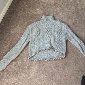 Zara Light Gray Turtleneck Sweater with Pearl Details